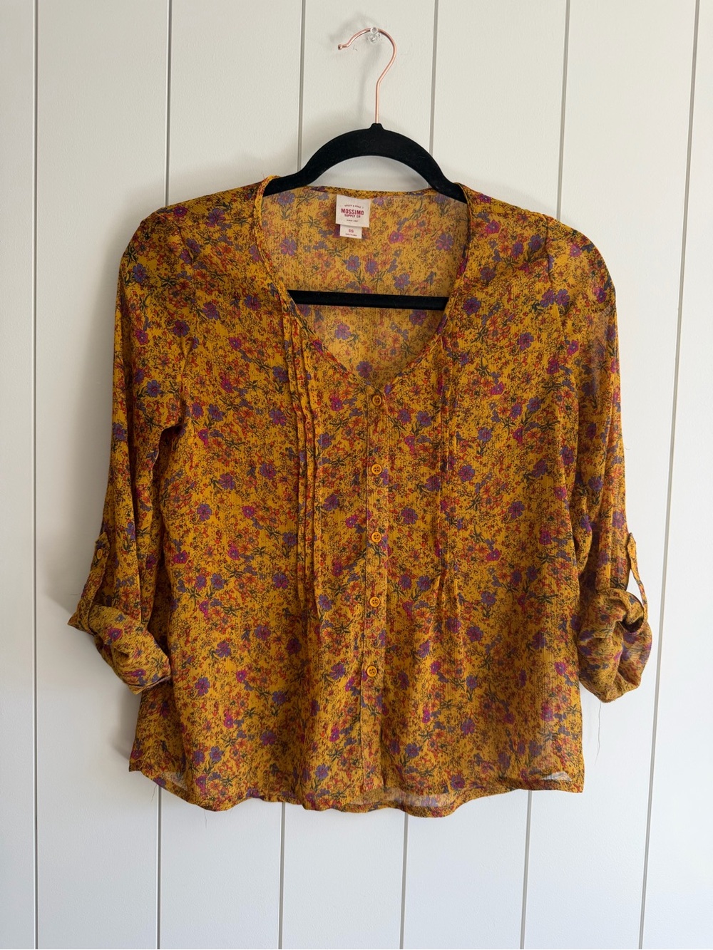 Mossimo Supply Co. Yellow Floral Button-Front Blouse with Purple Accents